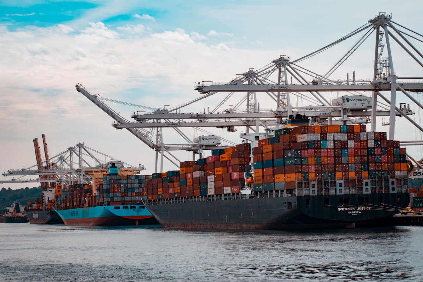 Container port cranes handling cargo